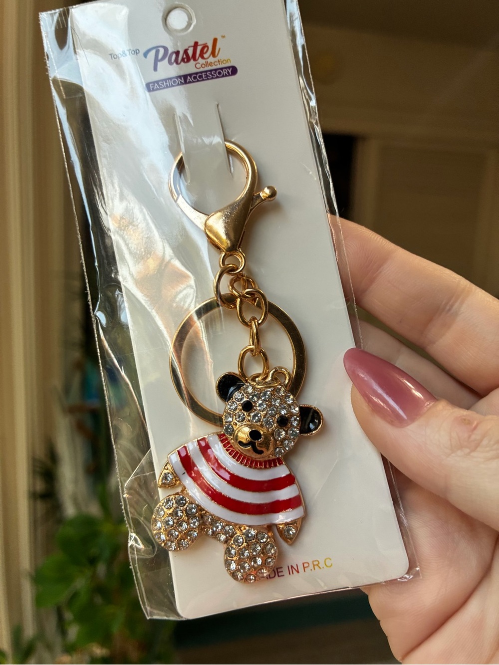 NWT Top&Top Pastel Collection Rhinestone Teddy Bear Keychain Purse Charm Gold